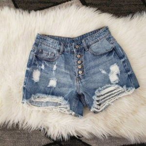 High Rise Distressed Denim Shorts